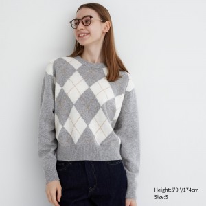Jerséis Uniqlo Premium Lambswool Argyle Crew Neck Jumper Mujer Gris Claro | 153-UQVAOB