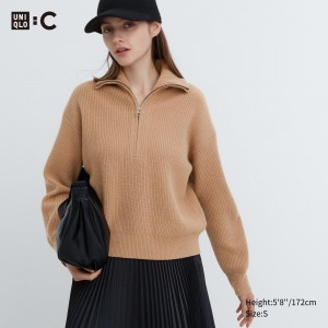 Jerséis Uniqlo Premium Lambswool Half Zipped Jumper Mujer Beige | 429-XNLOGD