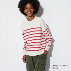 Jerséis Uniqlo Smooth Cotton Relaxed Fit Striped Crew Neck Jumper Mujer Rojas | 429-NYEDKQ