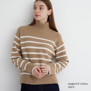 Jerséis Uniqlo Souffle Yarn Striped High Neck Jumper Mujer Beige | 408-MBVYLK