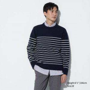 Jerséis Uniqlo Washable Milano Ribbed Striped Crew Neck Jumper Hombre Azul Marino | 768-MIUQZK