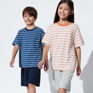 Ropa De Casa Uniqlo Airism Cotton Blend Striped Lounge Set Niños Azul Marino | 758-YBALFN