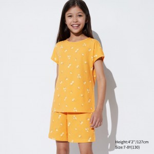 Ropa De Casa Uniqlo Girls Airism Cotton Blend Striped Short Sleeved Set Niños Amarillo | 537-BGUZLA