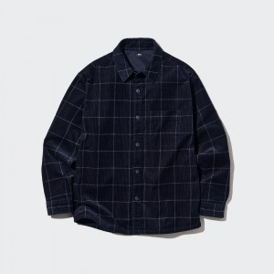 Sobrecamisa Uniqlo Corduroy Oversized Checked Shirt Hombre Azul Marino | 835-GVJXFC