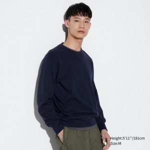 Sudadera con Capucha Uniqlo Cotton Crew Neck Sweatshirt Hombre Azul Marino | 316-OQJYUN