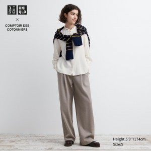 Tops Uniqlo Brushed Jersey Pleated Wide Leg Trousers Long Mujer Beige | 947-CWXDNG