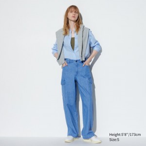 Tops Uniqlo Denim Wide Straight Leg Cargo Trousers Long Mujer Azules | 728-MAXWID