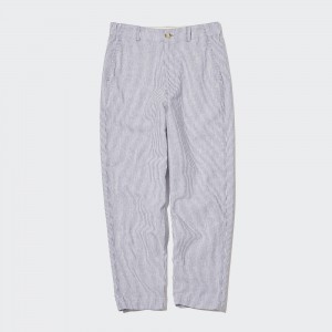 Tops Uniqlo Linen Cotton Blend Striped Tapered Trousers Mujer Azules | 254-LZPOJR