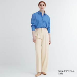 Tops Uniqlo Pleated Wide Leg Trousers Long Mujer Beige | 649-TXIEQC