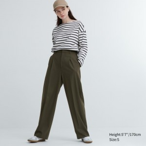 Tops Uniqlo Pleated Wide Leg Trousers Mujer Verde Oliva | 485-NKQSEZ