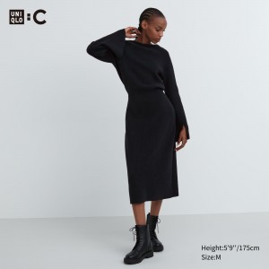 Vestido Uniqlo Boat Neck Long Sleeved Knitted Dress Mujer Negras | 615-UBVSTE
