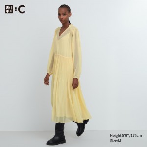 Vestido Uniqlo Chiffon Pleated Long Sleeved Dress Mujer Amarillo | 043-JQUHAI