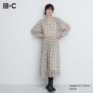 Vestido Uniqlo Chiffon Pleated Printed Long Sleeved Dress Mujer Blancas | 239-HANIEO
