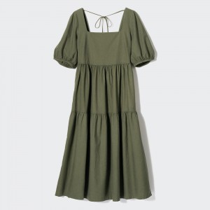 Vestido Uniqlo Linen Blend Shirring Volume Sleeved Dress Mujer Verde Oliva | 358-UKQLYJ