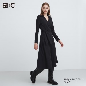 Vestido Uniqlo Long Sleeved Wrap Dress Mujer Negras | 640-HBTAQK