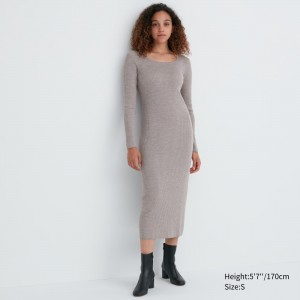Vestido Uniqlo Merino Blend Fitted U Neck Long Sleeved Dress Mujer Gris | 804-DRFEGB