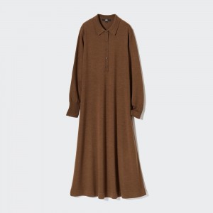 Vestido Uniqlo Merino Blend Polo Neck Long Sleeved Dress Mujer Marrones | 936-BQKSNC
