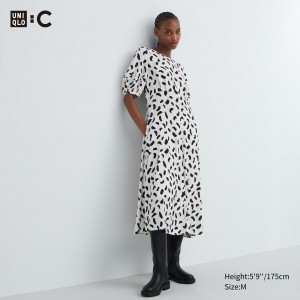 Vestido Uniqlo Printed Balloon Sleeved Dress Mujer Blancas | 687-DLEJCS