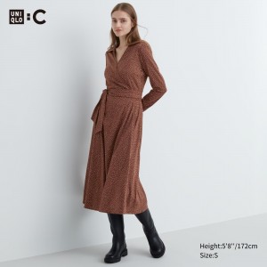 Vestido Uniqlo Printed Long Sleeved Wrap Dress Mujer Marrones | 098-TBRIYH