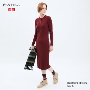 Vestido Uniqlo Ribbed Knit Long Sleeved Dress Mujer Rojas | 276-LDOPQR