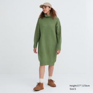 Vestido Uniqlo Souffle Yarn Turtleneck Long Sleeved Dress Mujer Verde | 893-YZJQBX